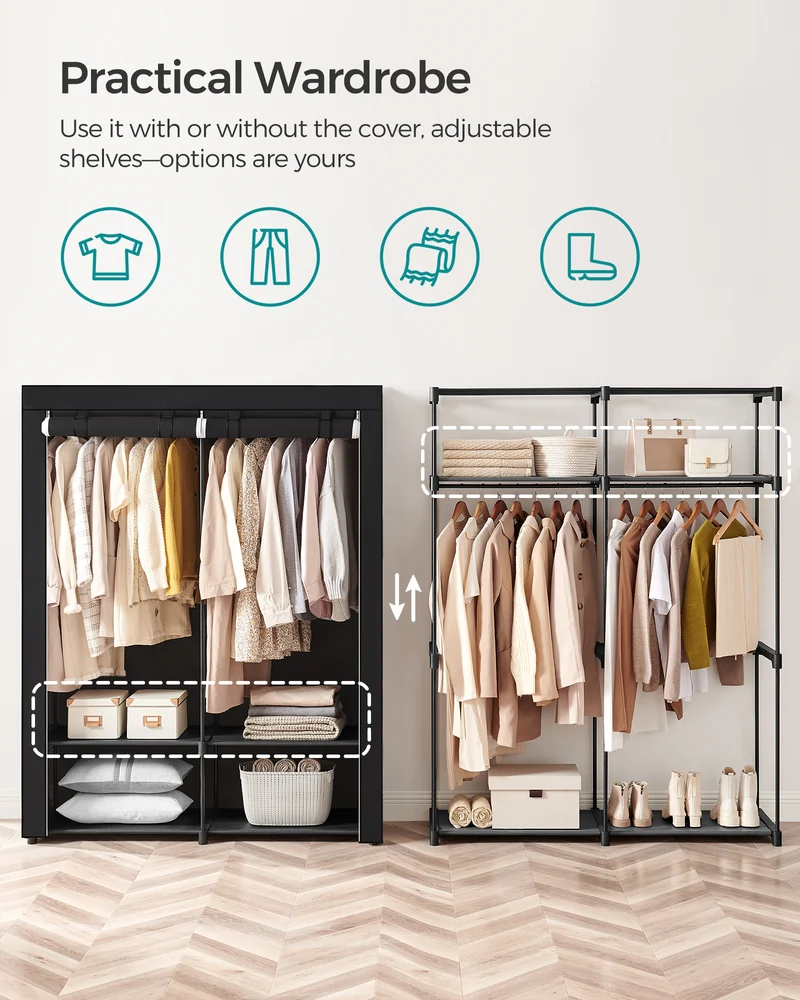 SONGMICS Closet Wardrobe, Portable Closet for Bedroom, Clothes Rail with Non-Woven Fabric Cover, Clothes Storage Organizer Black