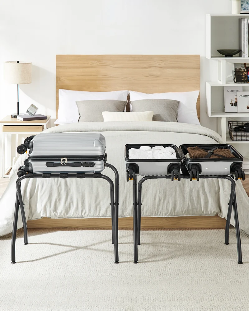 Luggage Rack Set of 2, Suitcase Stands, Luggage Stand, Foldable Steel Frame, Easy Assemble, Holds up to 110 lb, for Guest Room Hotel, Black