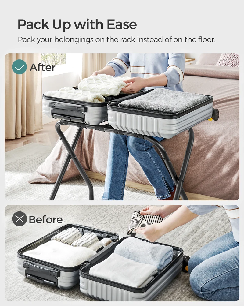 Luggage Rack Set of 2, Suitcase Stands, Luggage Stand, Foldable Steel Frame, Easy Assemble, Holds up to 110 lb, for Guest Room Hotel, Black