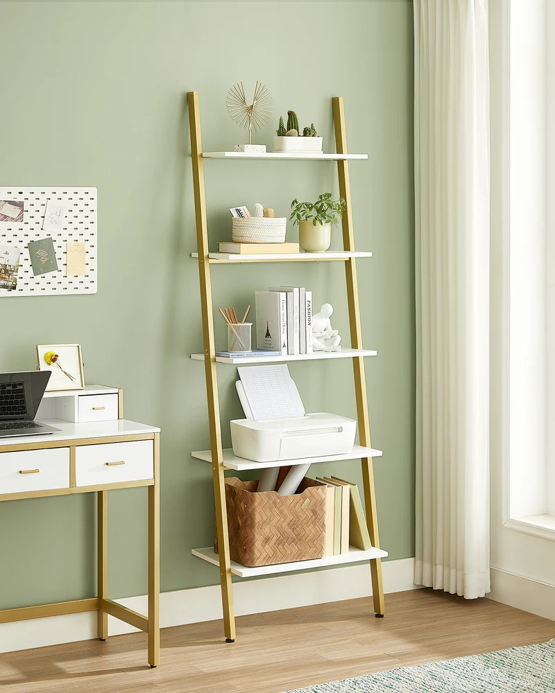 5-Tier Industrial Ladder Shelf, Leaning Wall Bookshelf with Rustic Brown Shelves, Stable Steel Storage Rack, White and Gold