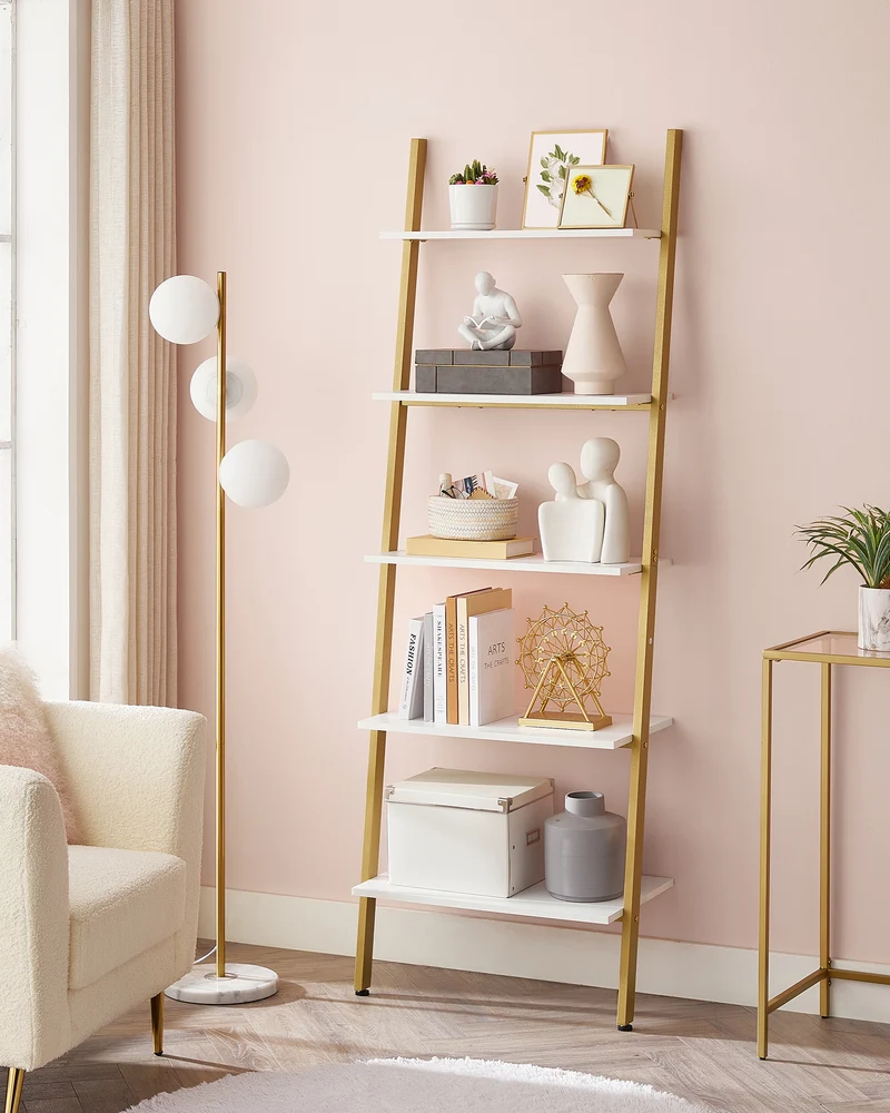 5-Tier Industrial Ladder Shelf, Leaning Wall Bookshelf with Rustic Brown Shelves, Stable Steel Storage Rack, White and Gold