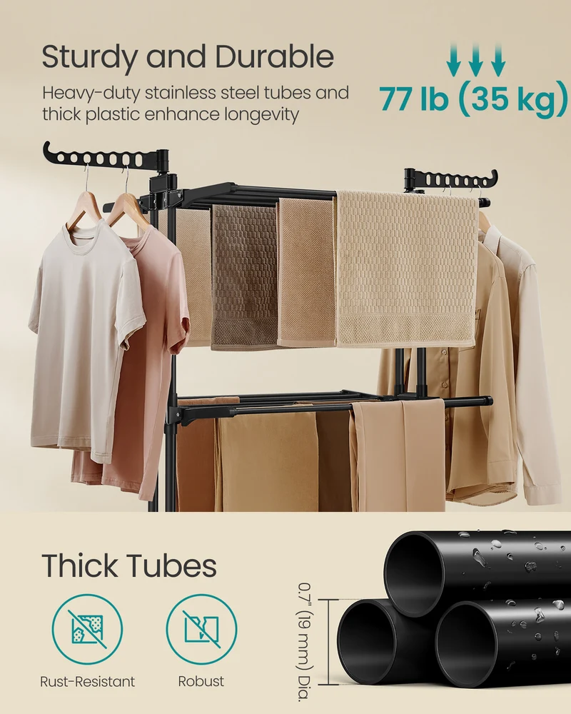 4 - Tier Foldable Clothes Drying Rack - 68.1" Tall, Stainless Steel, Rolling. Easy Assembly for Indoor & Outdoor Use. Ink Black Color
