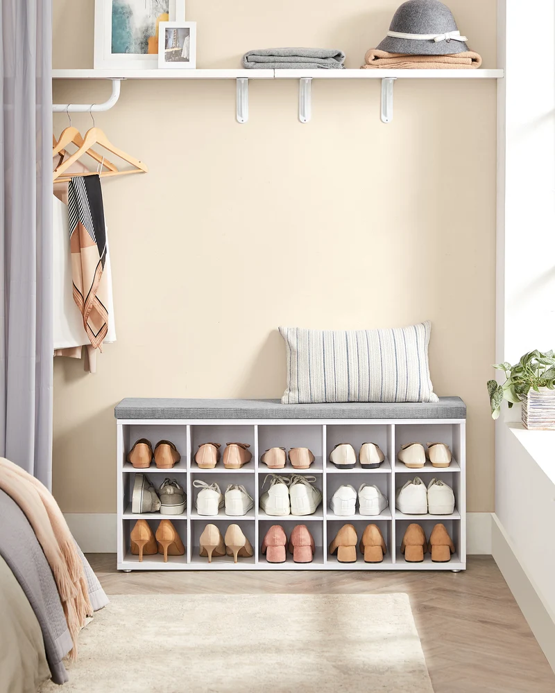 VASAGLE Shoe Bench with Cushion, Storage Bench with Padded Seat, Entryway Bench with 15 Compartments White and Grayv