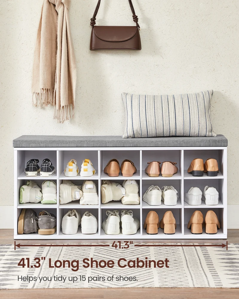 VASAGLE Shoe Bench with Cushion, Storage Bench with Padded Seat, Entryway Bench with 15 Compartments White and Grayv