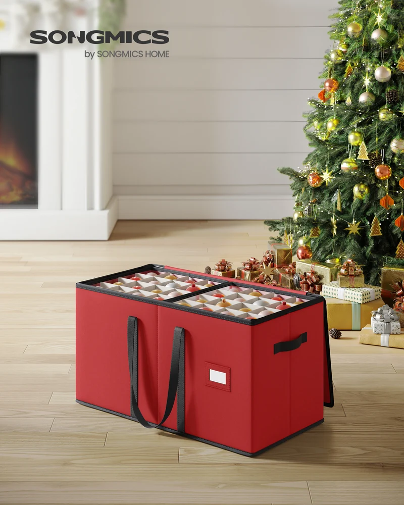 SONGMICS Christmas Ornament Storage Box Dual Zippers Stackable Christmas Storage Container with Lid 8 Trays, 600D Oxford, 3-Inch 128 Slots Cherry Red