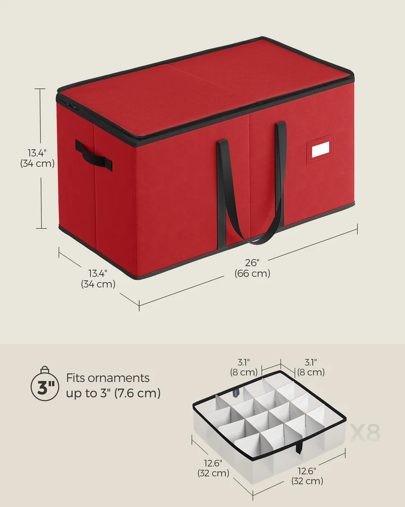 SONGMICS Christmas Ornament Storage Box Dual Zippers Stackable Christmas Storage Container with Lid 8 Trays, 600D Oxford, 3-Inch 128 Slots Cherry Red