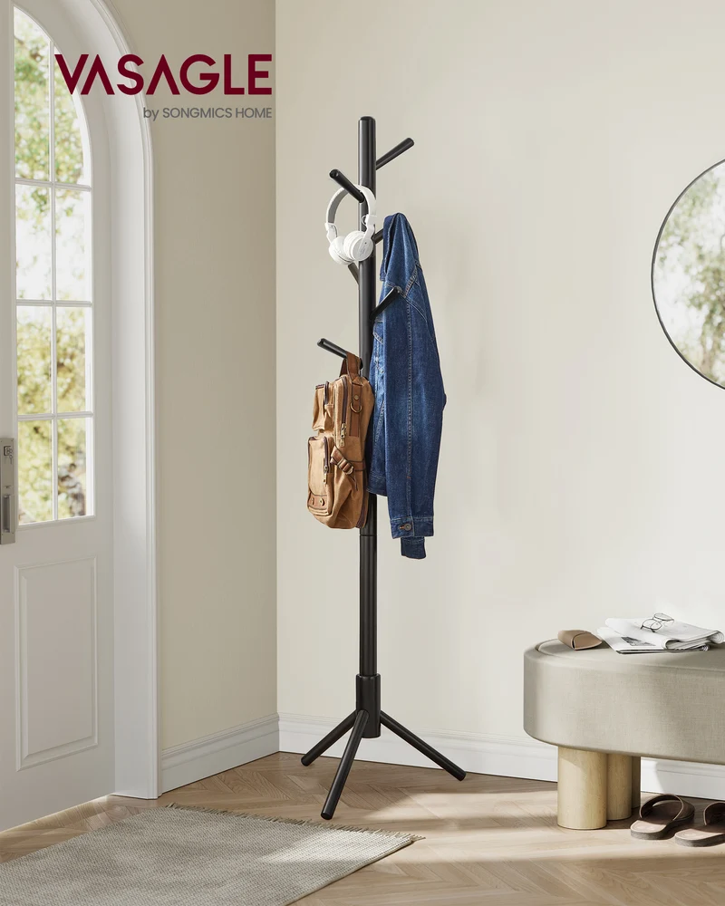 VASAGLE 8 Hooks Solid Wood Coat Rack Free Standing Coat Rack Tree-Shaped Coat Rack Black
