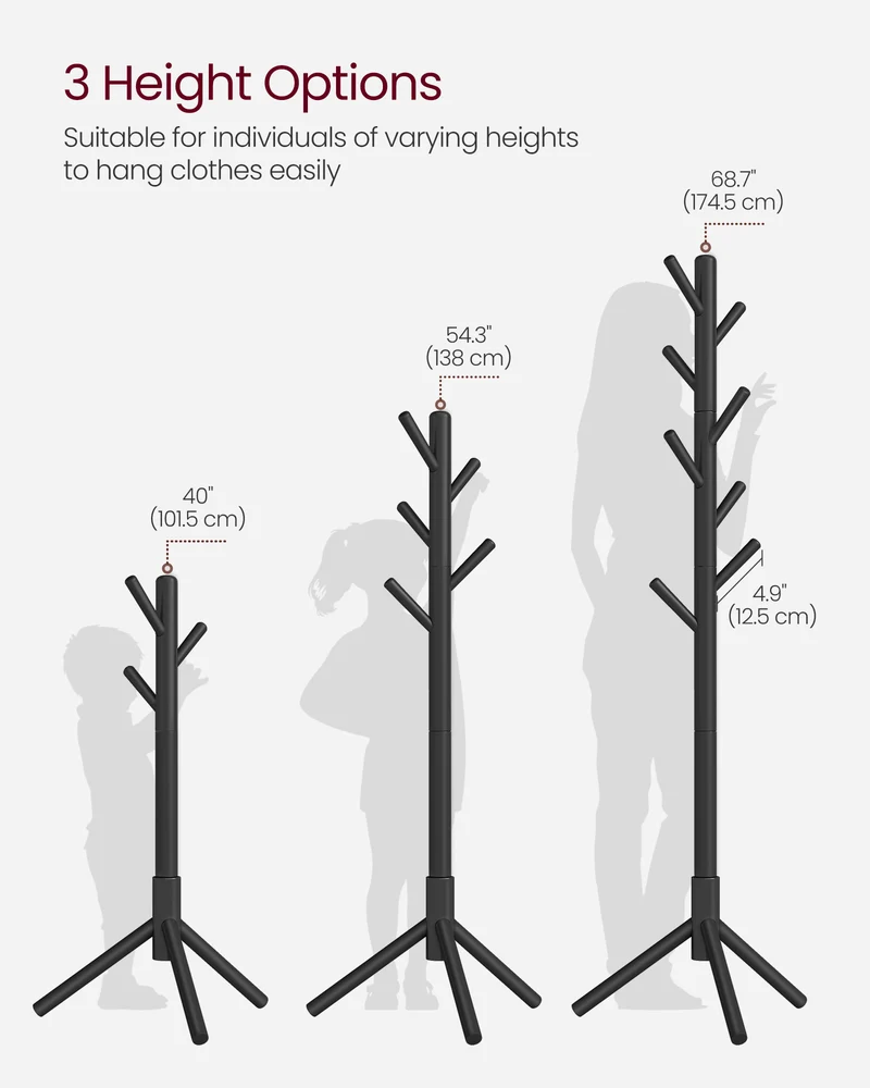 VASAGLE 8 Hooks Solid Wood Coat Rack Free Standing Coat Rack Tree-Shaped Coat Rack Black