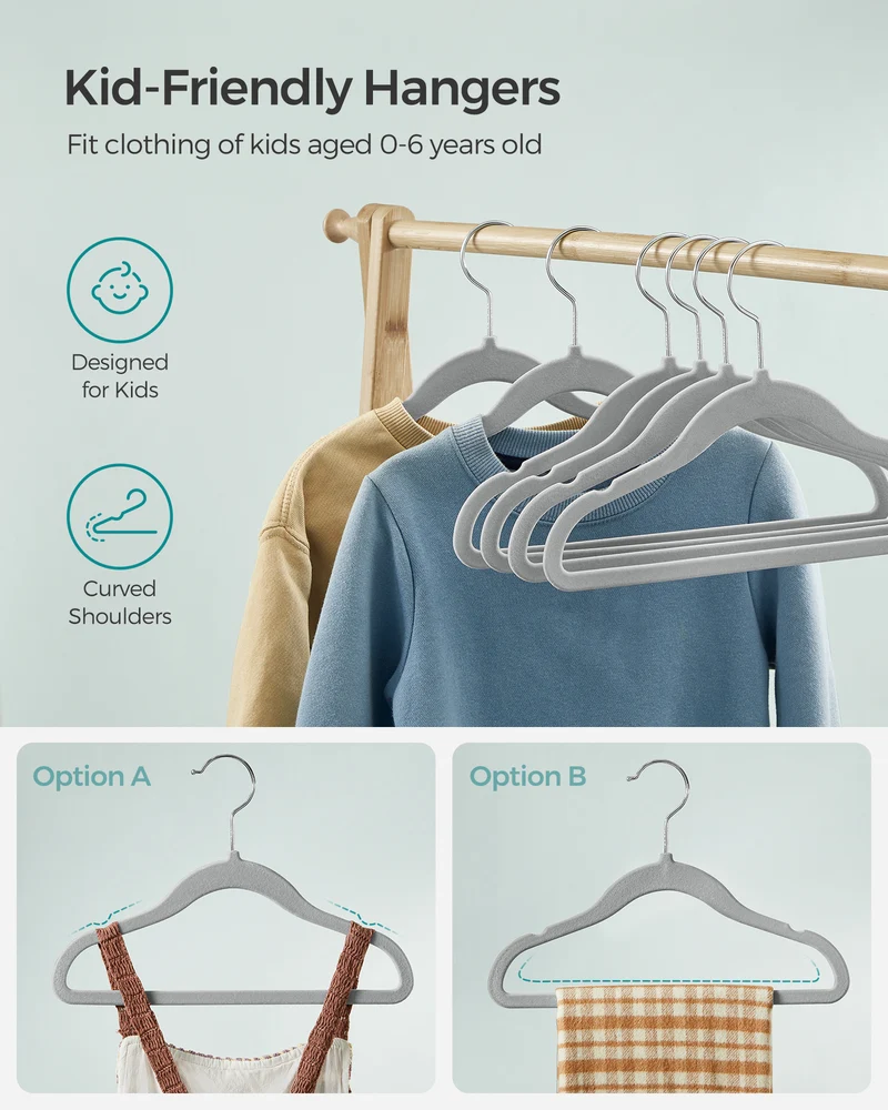 SONGMICS Baby Hangers 50 Pack, Kids Hangers for Closet, Swivel Hooks, Space-Saving Clothes Hangers, Velvet Hangers for Nursery, Non-Slip, Dove Gray