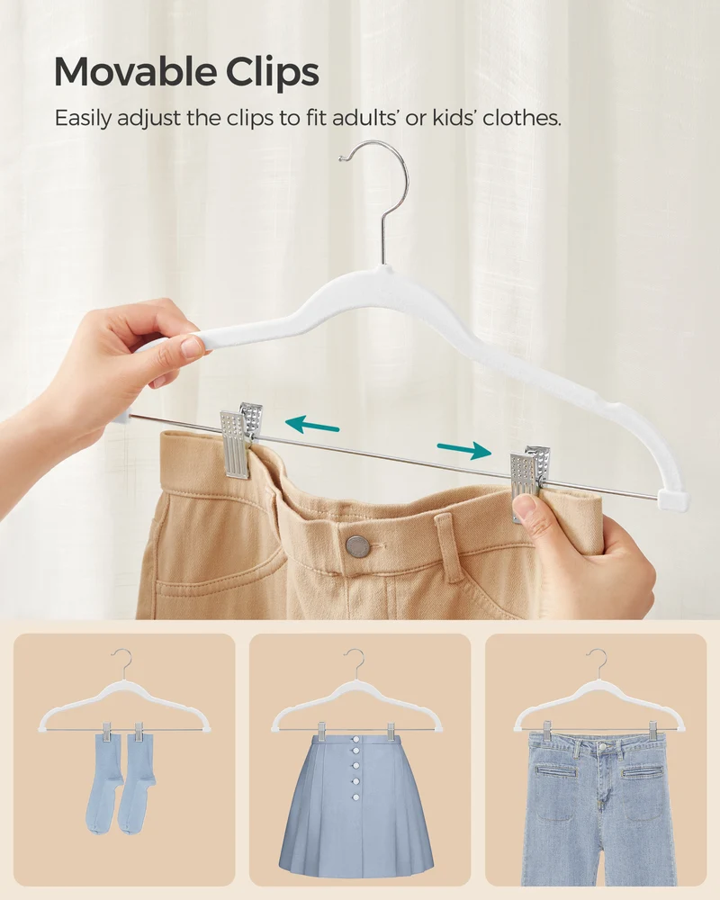 SONGMICS 30 Pack Skirt Pants Hangers Velvet Clips Hangers with Adjustable Clips Non-Slip White