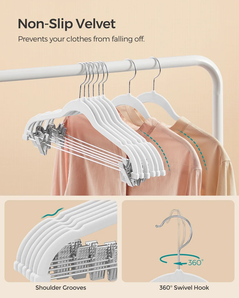 SONGMICS 30 Pack Skirt Pants Hangers Velvet Clips Hangers with Adjustable Clips Non-Slip White