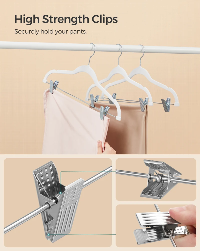 SONGMICS 30 Pack Skirt Pants Hangers Velvet Clips Hangers with Adjustable Clips Non-Slip White