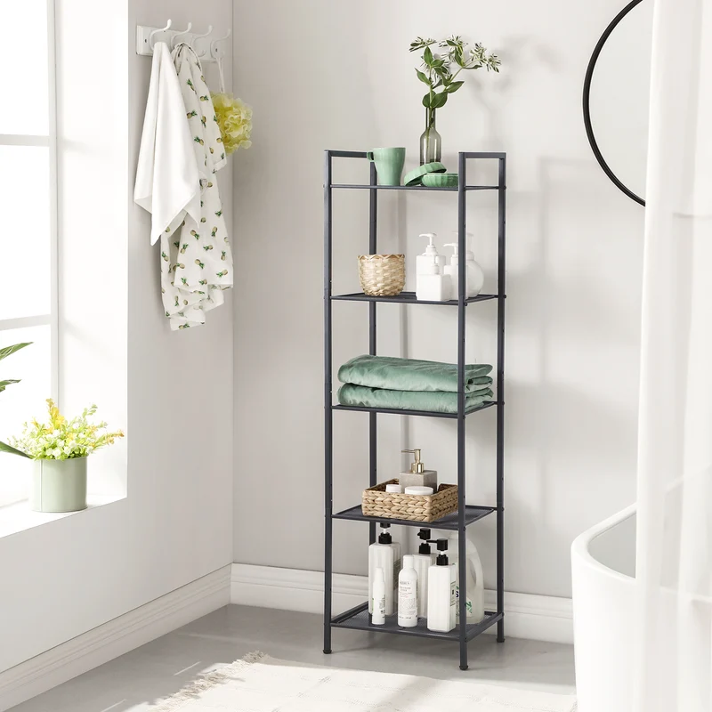 5-Tier Storage Rack, Bathroom Shelf, Extendable Plant Stand with Adjustable Shelf, for Bathroom, Living Room, Balcony, Kitchen, Black