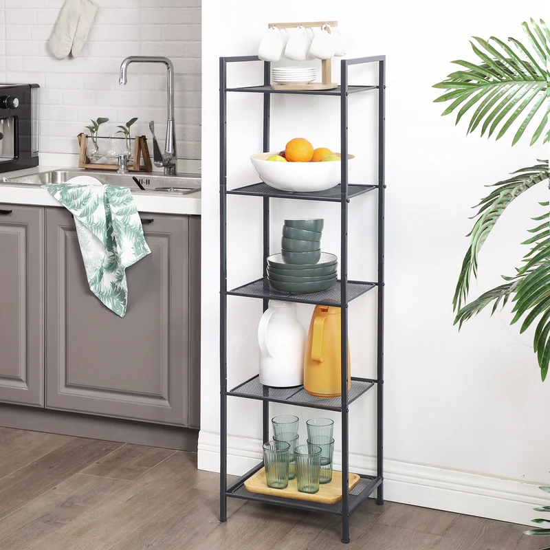 5-Tier Storage Rack, Bathroom Shelf, Extendable Plant Stand with Adjustable Shelf, for Bathroom, Living Room, Balcony, Kitchen, Black