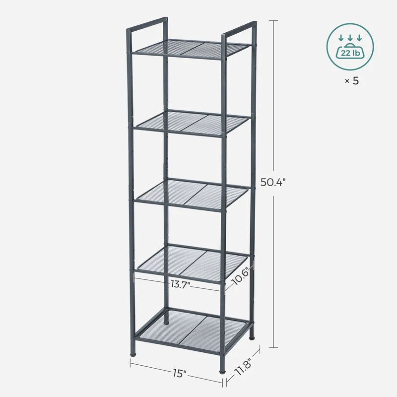 5-Tier Storage Rack, Bathroom Shelf, Extendable Plant Stand with Adjustable Shelf, for Bathroom, Living Room, Balcony, Kitchen, Black