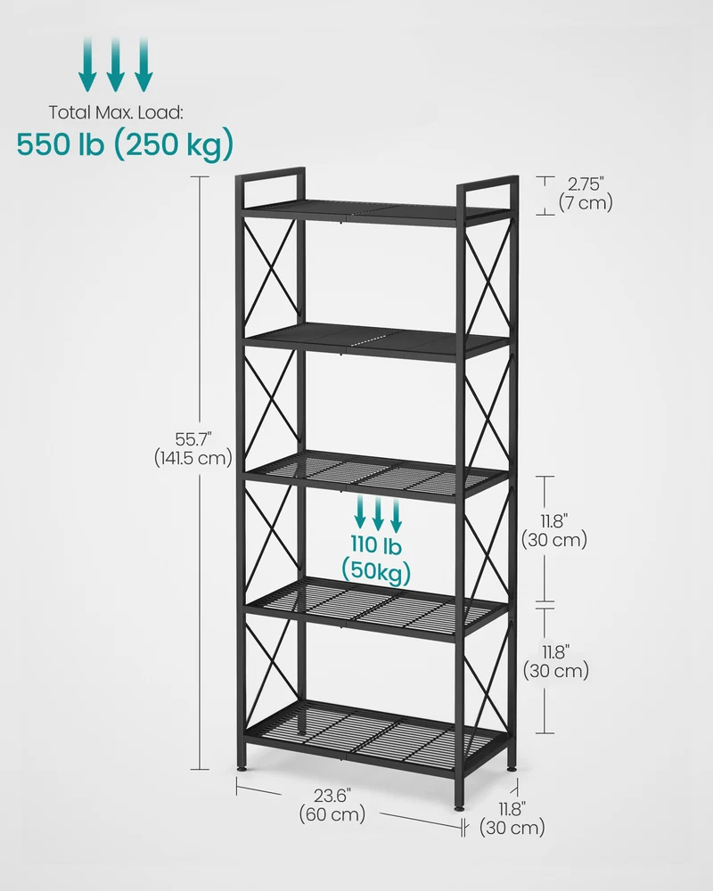 5-Tier Metal Storage Rack, Storage Shelves, Kitchen Shelf with Side Frames and Dense Mesh, 12.6 x 23.6 x 57.3 Inches, for Entryway, Kitchen