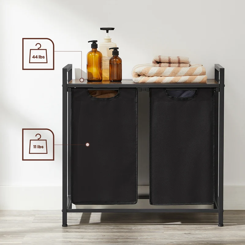 VASAGLE 46L Laundry Hamper Laundry Basket with 2 Pull-Out Bags Laundry Sorter with Shelf Rustic Brown and Black