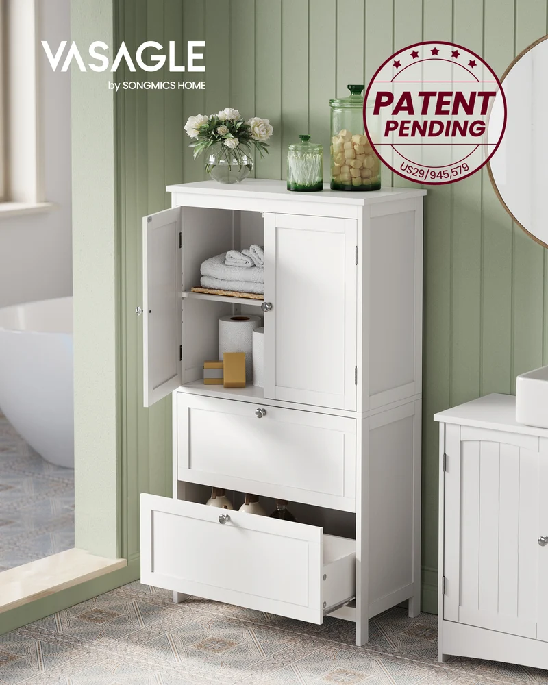 VASAGLE Floor Storage Cabinet, Storage Unit, Freestanding Cabinet with 2 Drawers and 2 Doors, Adjustable Shelf, White