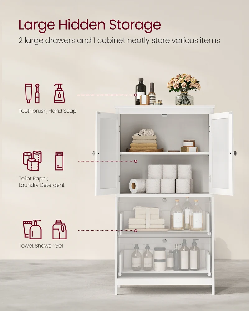 VASAGLE Floor Storage Cabinet, Storage Unit, Freestanding Cabinet with 2 Drawers and 2 Doors, Adjustable Shelf, White