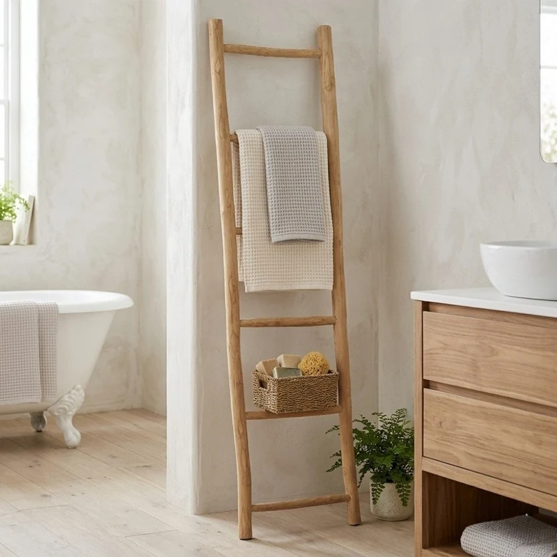 Deko-Leiter KEPALA H180cm Natural Teak Handtuchhalter Kleiderständer