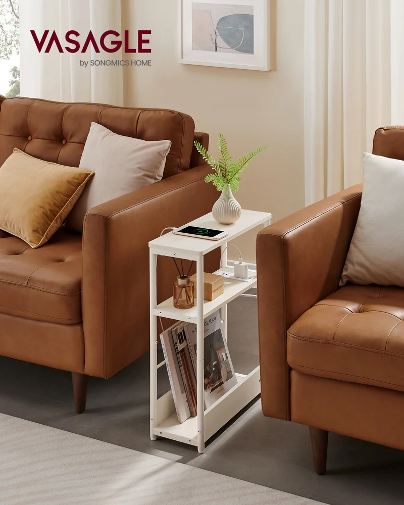 Side Table with Charging Station, Narrow End Table, 3-Tier Nightstand, Sofa Table for Small Spaces, Magazine Rack White