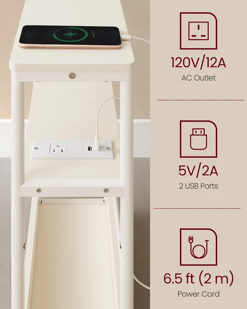 Side Table with Charging Station, Narrow End Table, 3-Tier Nightstand, Sofa Table for Small Spaces, Magazine Rack White