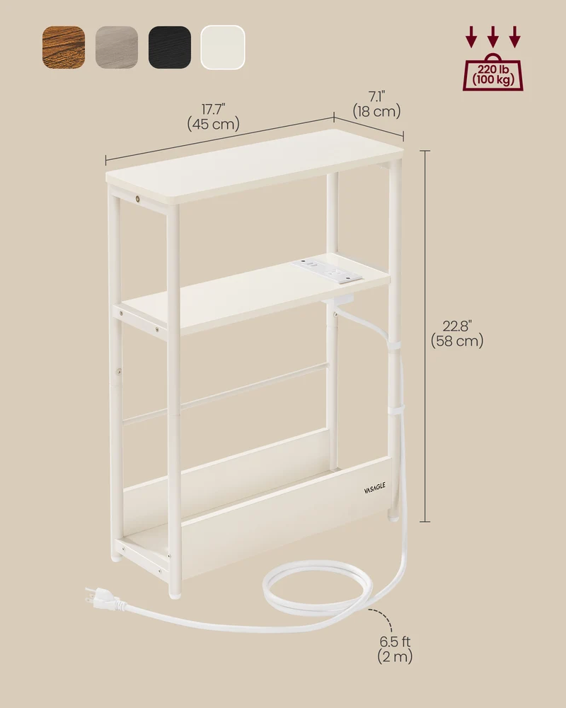 Side Table with Charging Station, Narrow End Table, 3-Tier Nightstand, Sofa Table for Small Spaces, Magazine Rack White