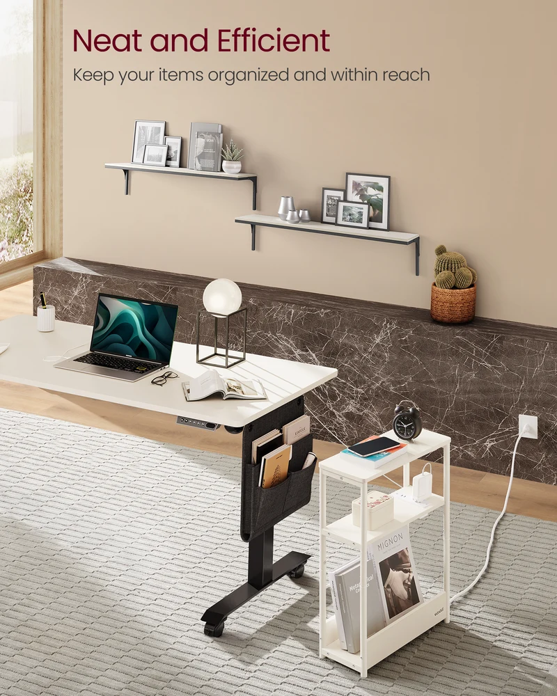 Side Table with Charging Station, Narrow End Table, 3-Tier Nightstand, Sofa Table for Small Spaces, Magazine Rack White