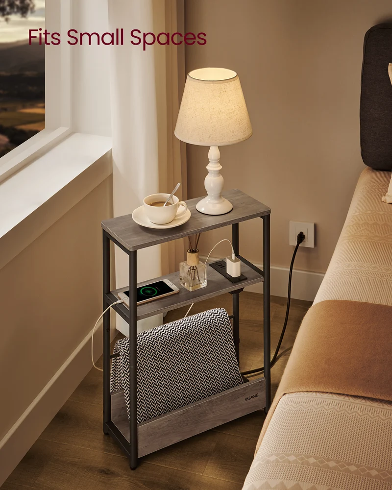 Side Table with Charging Station, Narrow End Table, 3-Tier Nightstand, Sofa Table for Small Spaces, Magazine Rack Heather Greige and Ink Black