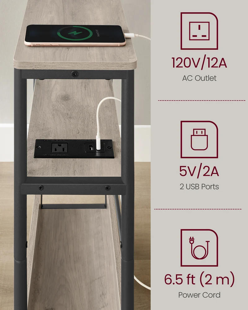Side Table with Charging Station, Narrow End Table, 3-Tier Nightstand, Sofa Table for Small Spaces, Magazine Rack Heather Greige and Ink Black