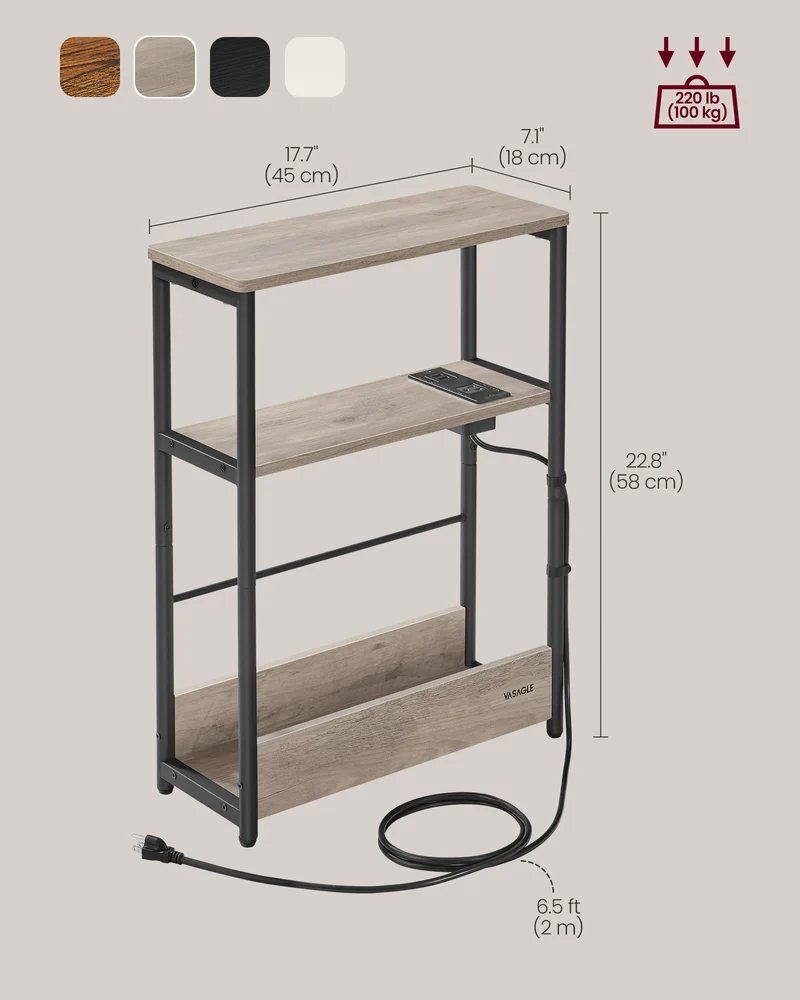 Side Table with Charging Station, Narrow End Table, 3-Tier Nightstand, Sofa Table for Small Spaces, Magazine Rack Heather Greige and Ink Black