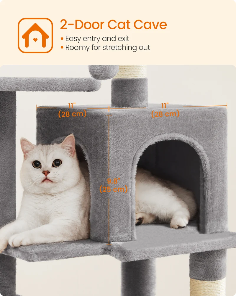 44.1' Cat Tree Tower for Indoor Cats ,Multi-Level Cat Condo Cat Furniture with Scratching Posts, Perches, Hammock, Cave , Light Gray