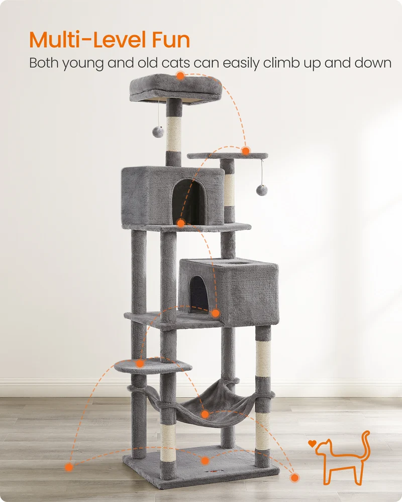 Cat Tree, 75.2″ H Cat Tower for Indoor Cats, Plush Multi-Level Cat Condo Smoky Gray