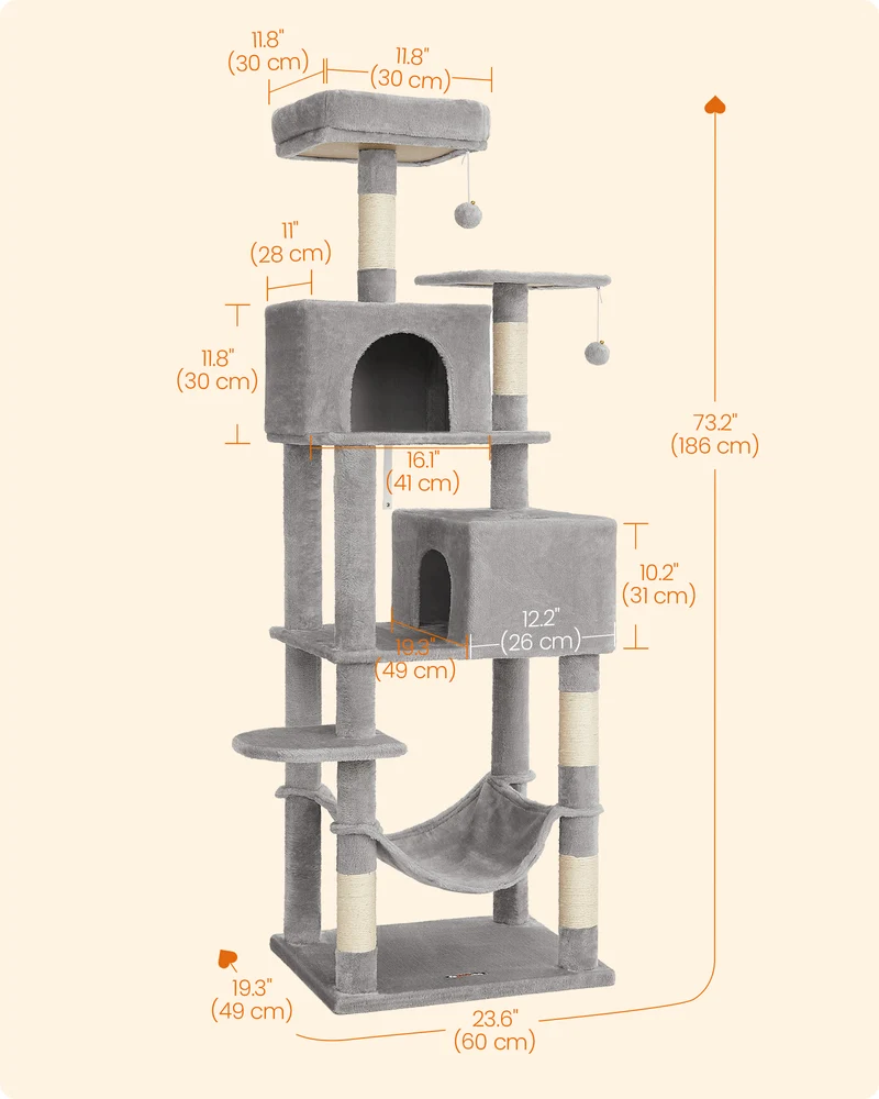Cat Tree, 75.2″ H Cat Tower for Indoor Cats, Plush Multi-Level Cat Condo Smoky Gray