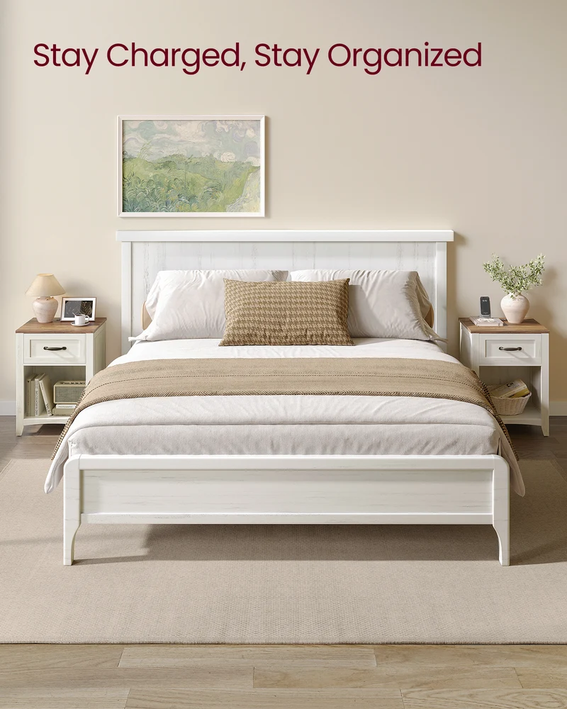 VASAGLE Farmhouse 2 Nightstands with Charging Station, Side Tables with Storage Rustic White and Honey Brown