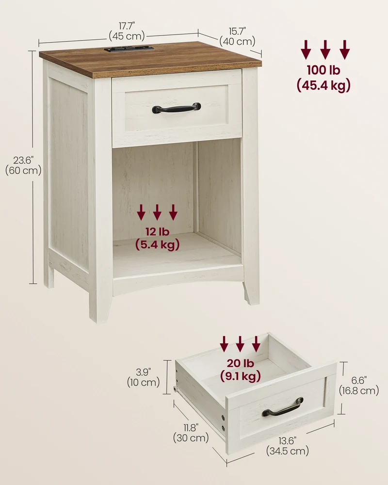 VASAGLE Farmhouse 2 Nightstands with Charging Station, Side Tables with Storage Rustic White and Honey Brown