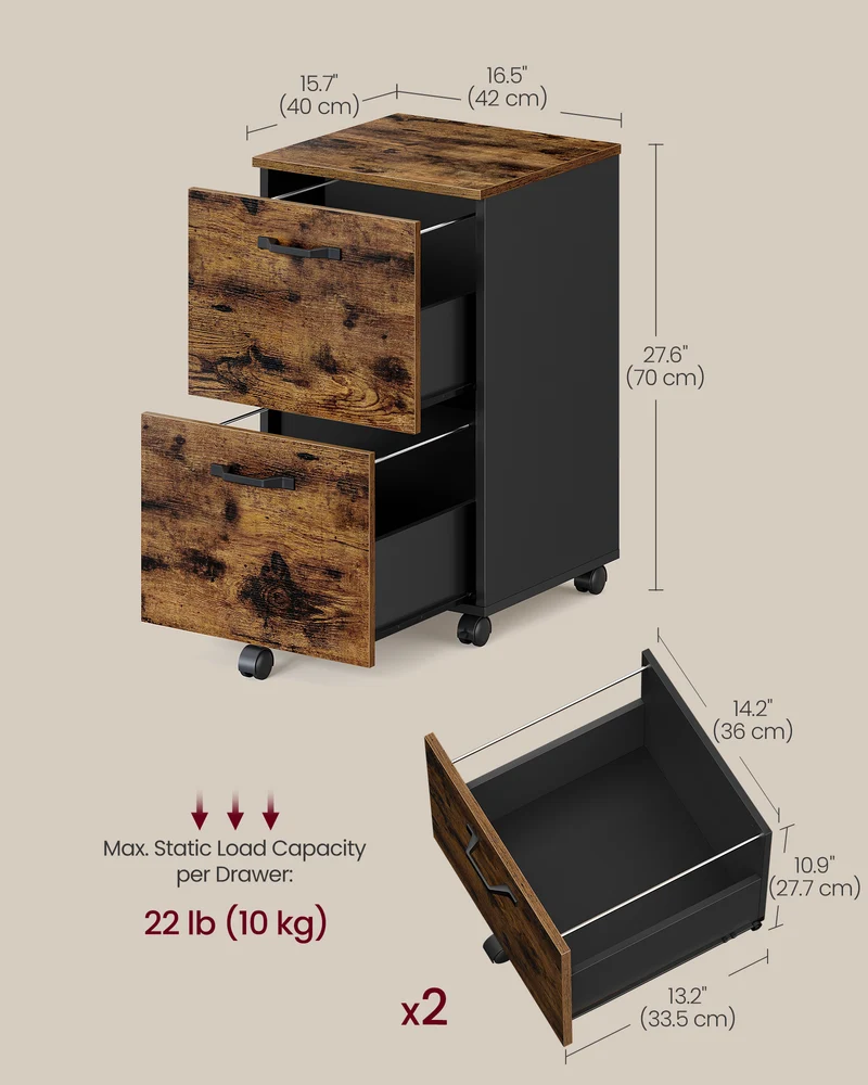 2-Drawer File Cabinet, Filing Cabinet for Home Office, Small Rolling File Cabinet, Printer Stand, Hanging File Folders Rustic Brown and Black