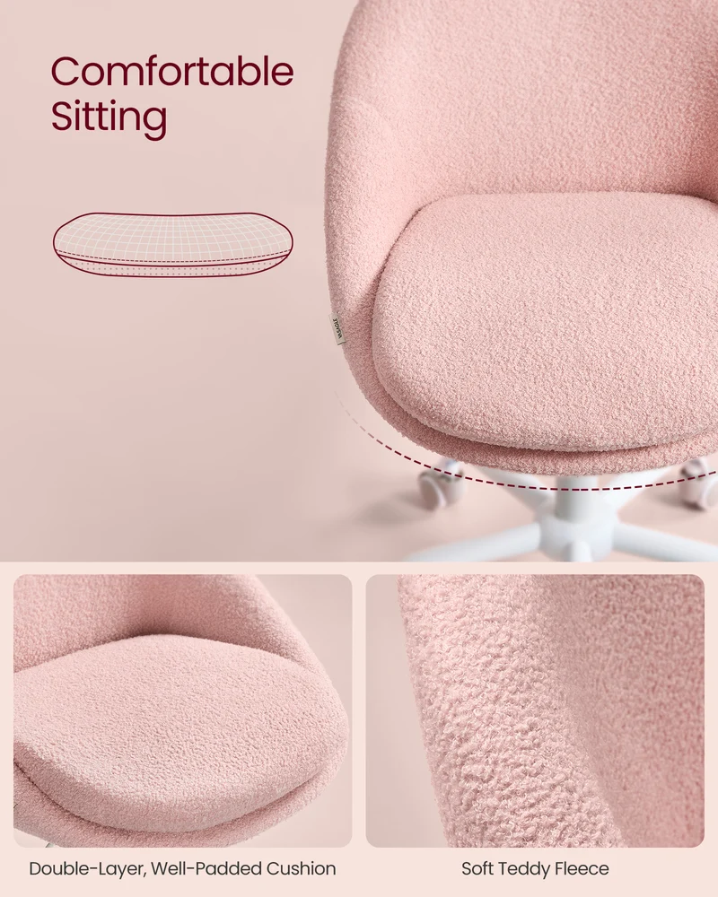 Adjustable Swivel Vanity Chair with Back Support - Teddy Fleece, Compact Design, 242 lb Capacity, Jelly Pink