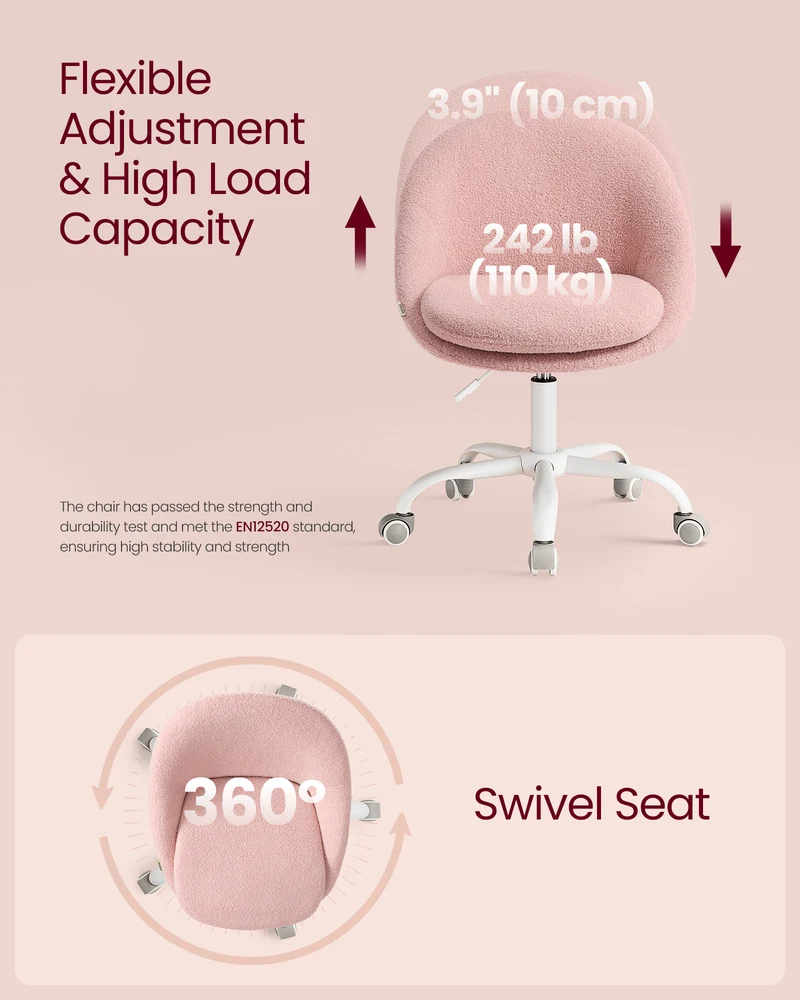 Adjustable Swivel Vanity Chair with Back Support - Teddy Fleece, Compact Design, 242 lb Capacity, Jelly Pink