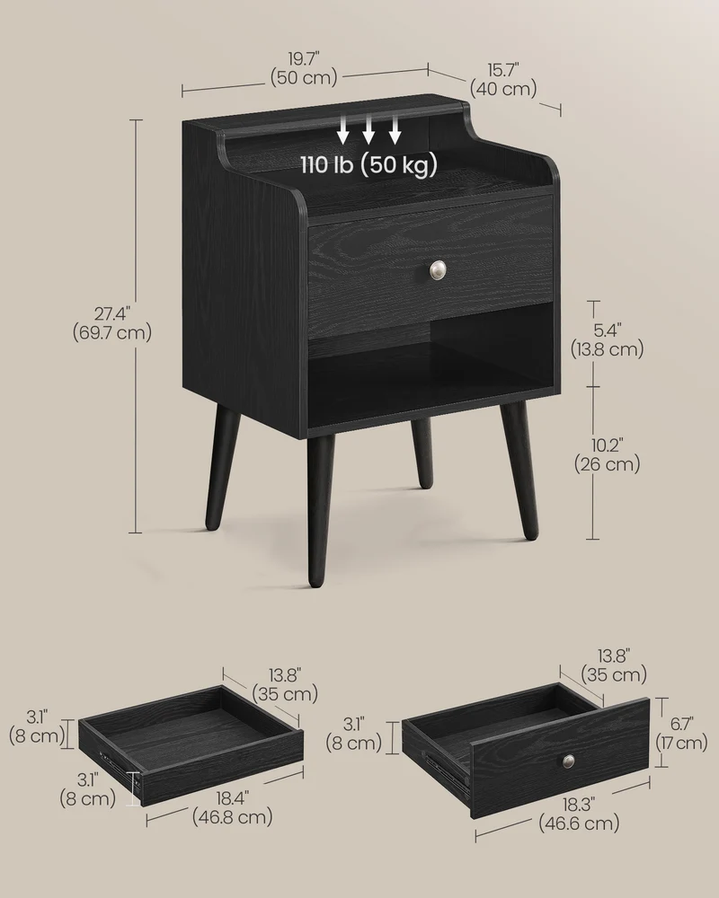 VASAGLE Nightstands, Set of 2, Bedside Tables with Hidden Drawers, Ebony Black