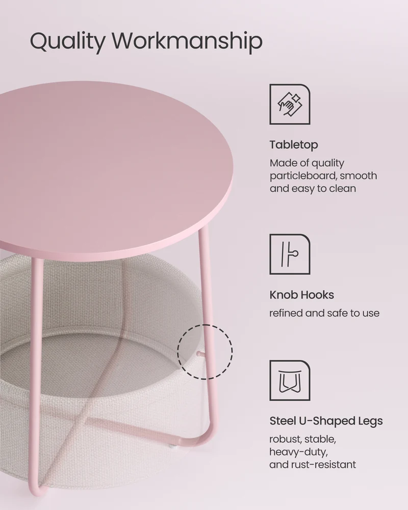 Small Round Side End Table, Modern Nightstand with Fabric Basket Jelly Pink and Cream White