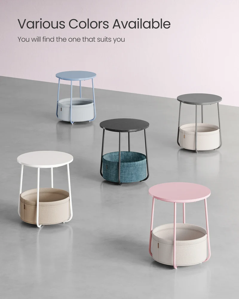 Small Round Side End Table, Modern Nightstand with Fabric Basket Jelly Pink and Cream White