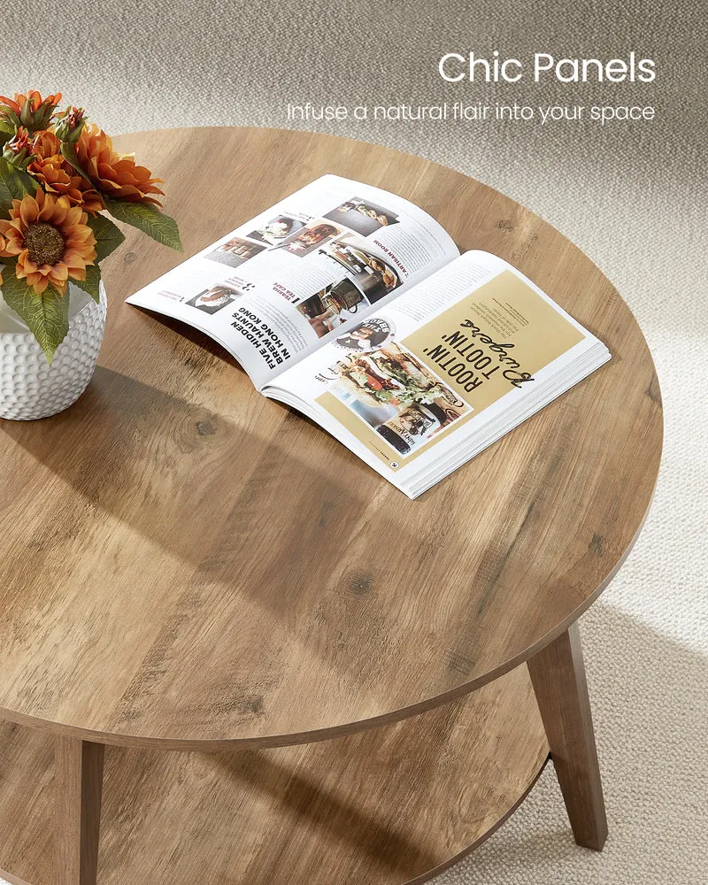 Honey Brown Round Coffee Table with 2 Tiers of Storage, Measuring 31.5 x 17.7 Inches, Ideal for the Living Room