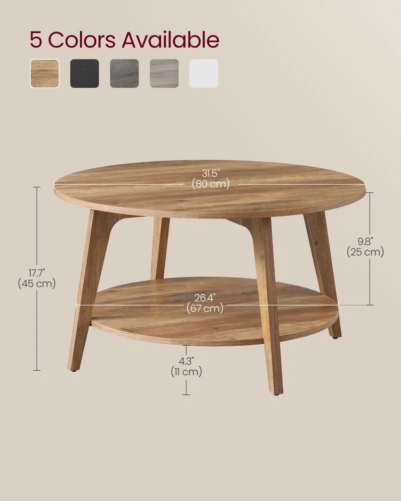 Honey Brown Round Coffee Table with 2 Tiers of Storage, Measuring 31.5 x 17.7 Inches, Ideal for the Living Room