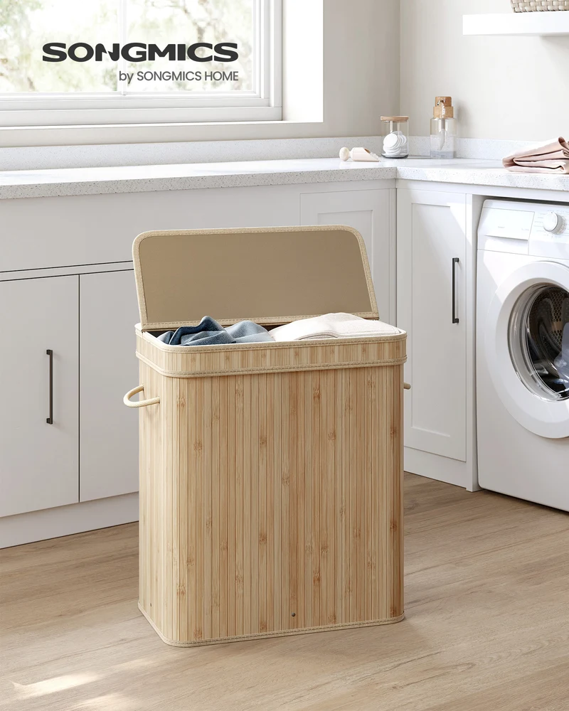 26.4-Gals Laundry Hamper Basket Bamboo Laundry Basket with Lid Removable Machine Washable Laundry Basket, with Handles Natural Beige