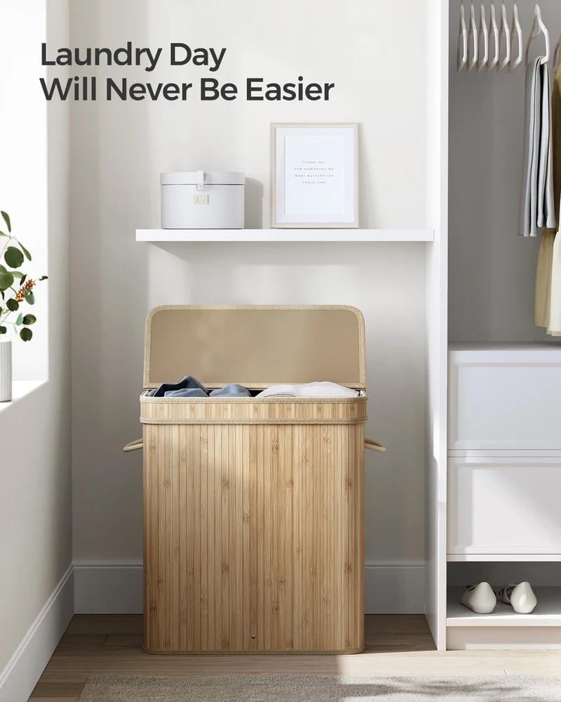 26.4-Gals Laundry Hamper Basket Bamboo Laundry Basket with Lid Removable Machine Washable Laundry Basket, with Handles Natural Beige