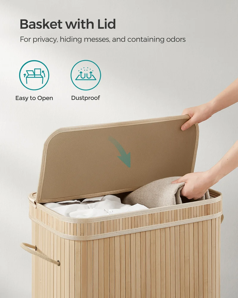 26.4-Gals Laundry Hamper Basket Bamboo Laundry Basket with Lid Removable Machine Washable Laundry Basket, with Handles Natural Beige
