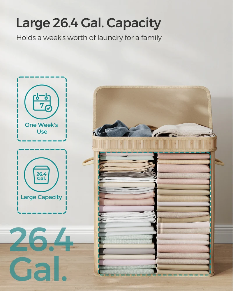 26.4-Gals Laundry Hamper Basket Bamboo Laundry Basket with Lid Removable Machine Washable Laundry Basket, with Handles Natural Beige