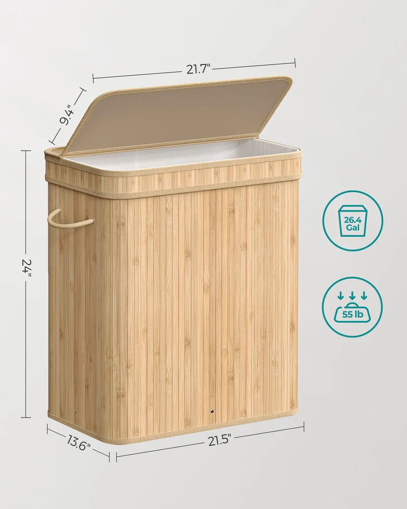 26.4-Gals Laundry Hamper Basket Bamboo Laundry Basket with Lid Removable Machine Washable Laundry Basket, with Handles Natural Beige
