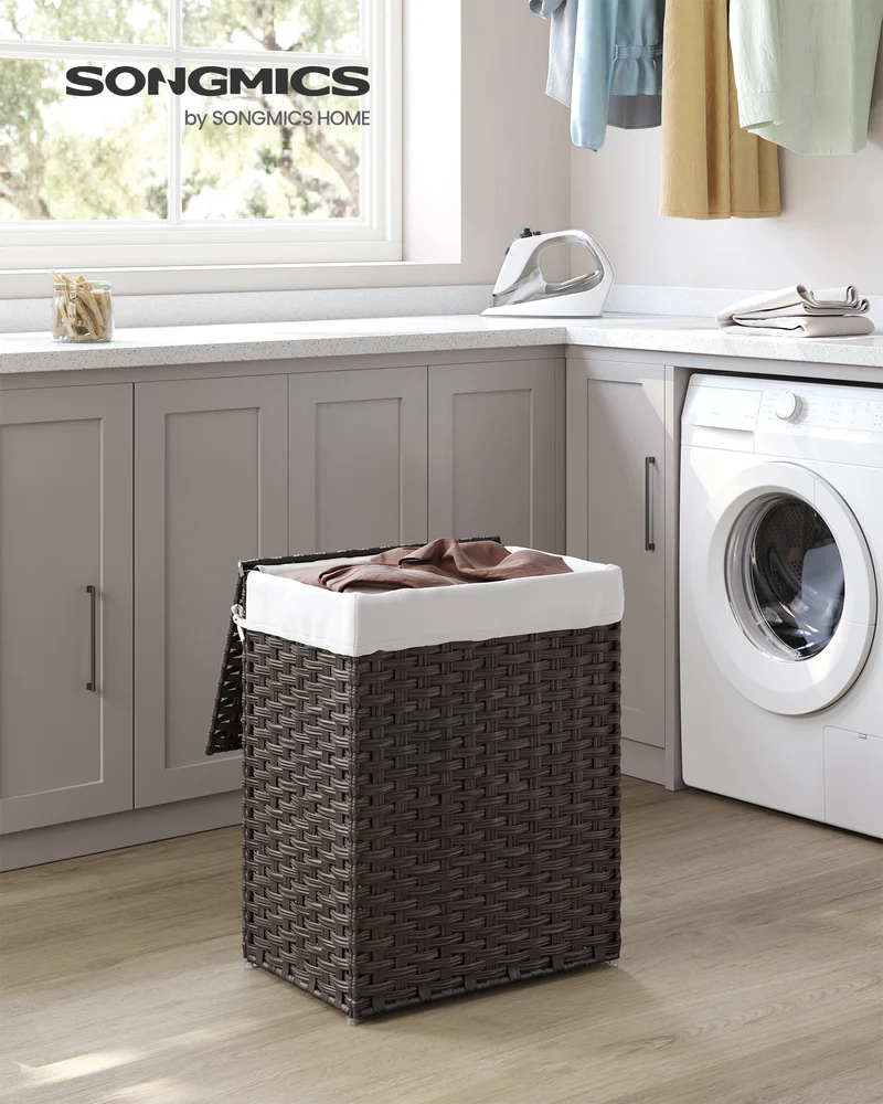 Laundry Hamper Sorter 23.8 Gal Synthetic Rattan Clothes Laundry Basket Storage with Lid and Handles, Removable Liner Laundry Sorter